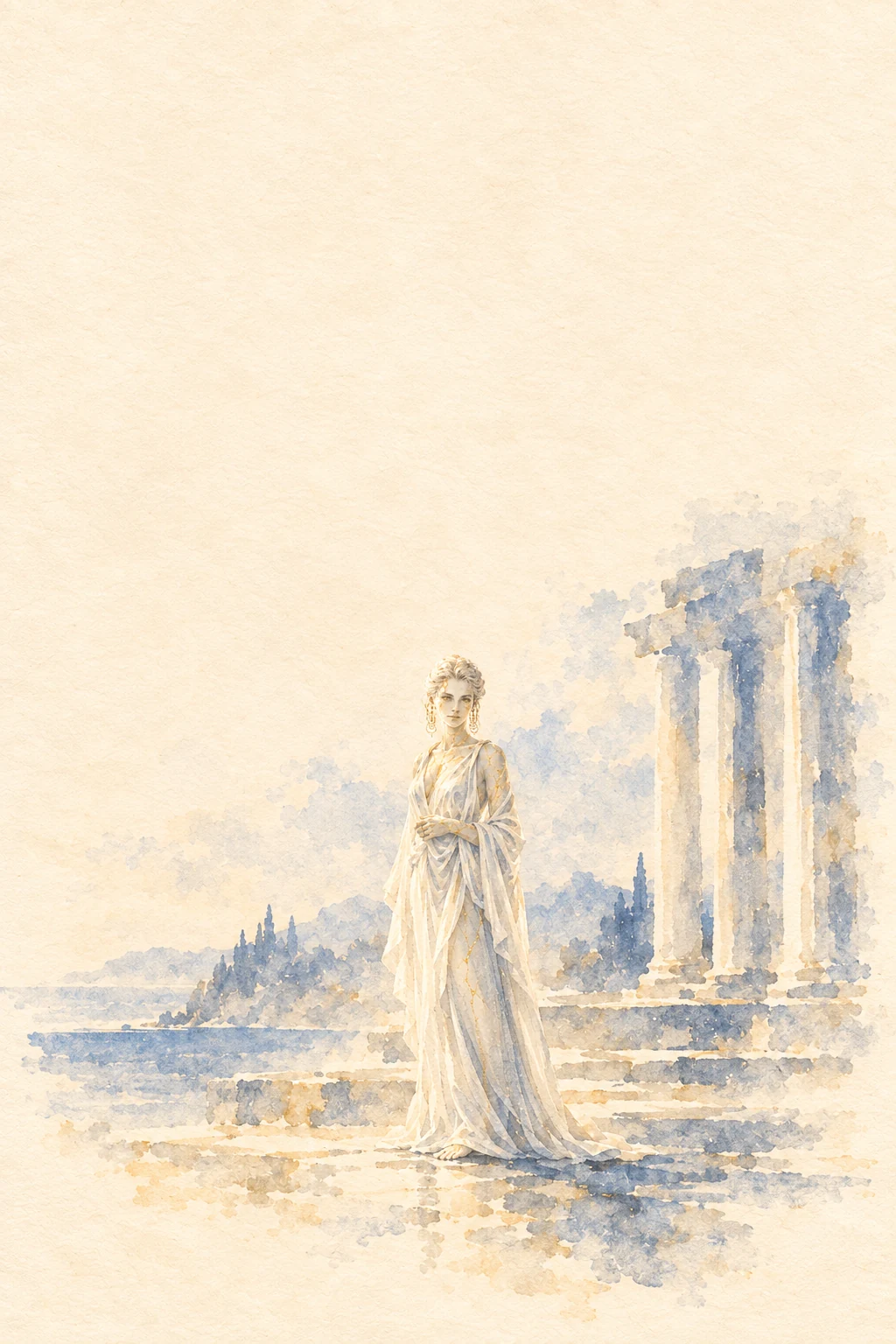 Watercolor of Helena's marble avatar in her white classical robe, with gold fissures and planetary earrings among pale Pantheon columns.