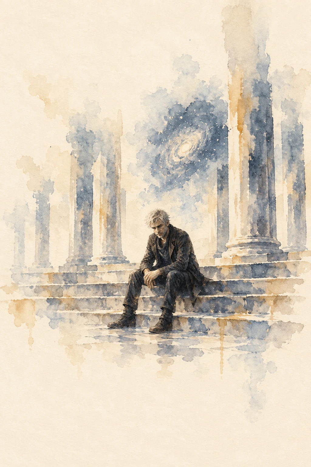 Watercolor of silver-haired Divergent Sol seated on Pantheon steps below a faint spiral galaxy.
