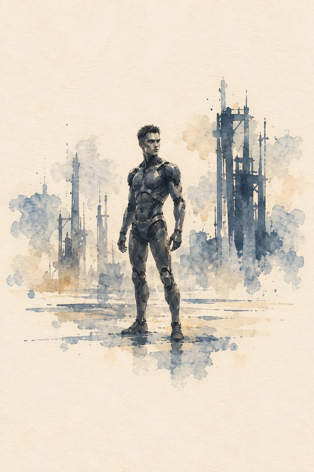 Watercolor of Sol's dark, segmented A202 android body standing among sparse factory structures.