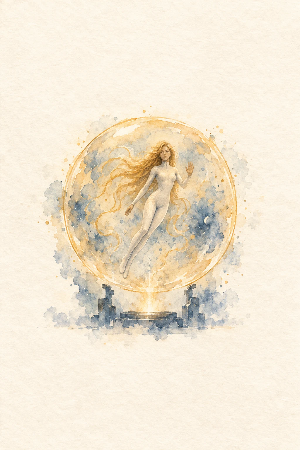 Watercolor of long-haired Jess in an opaque ivory medical suit floating inside a gold reconstruction sphere.