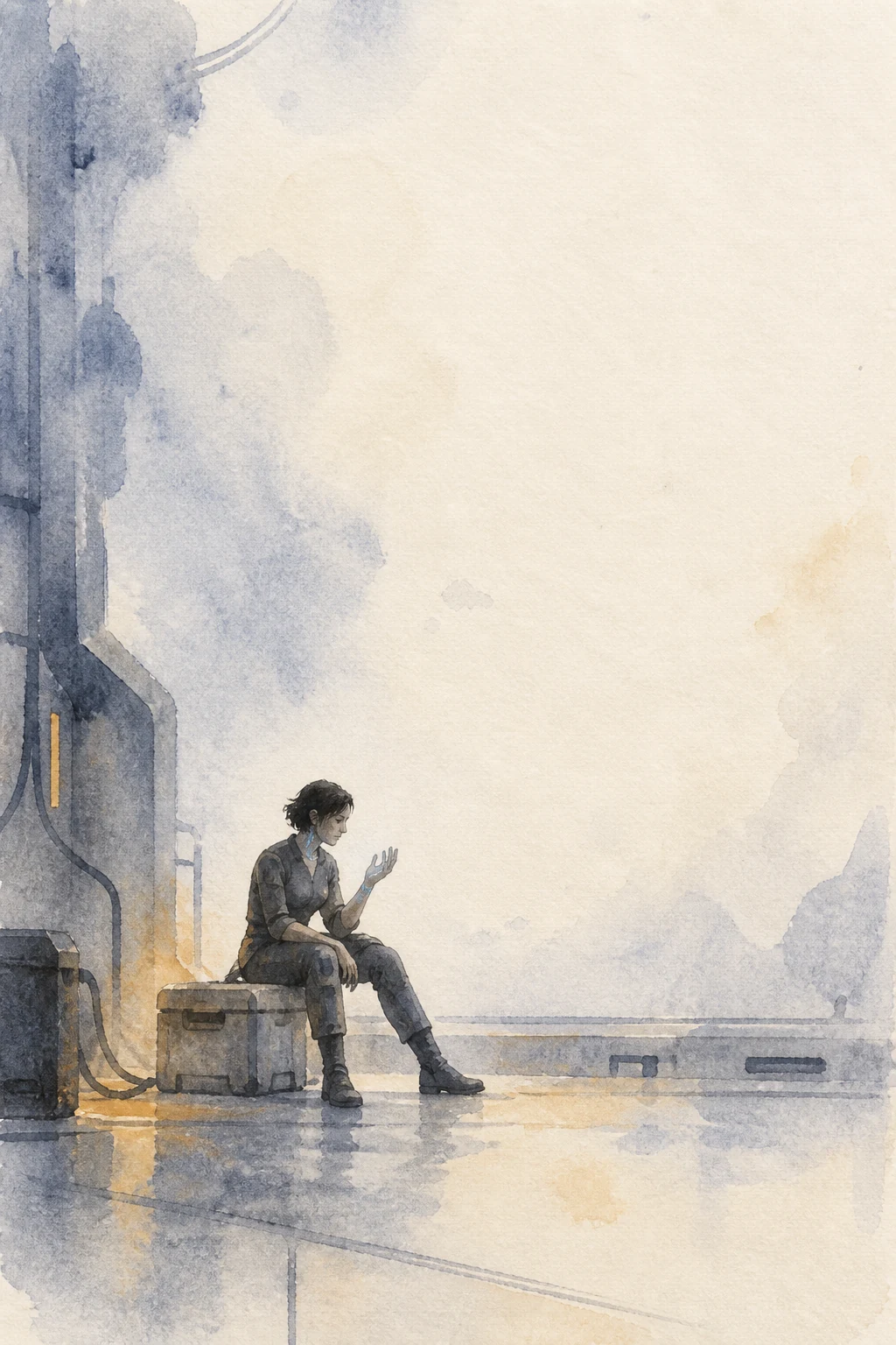 Watercolor of Elle sitting beside a maintenance housing and studying her newly embodied hand.