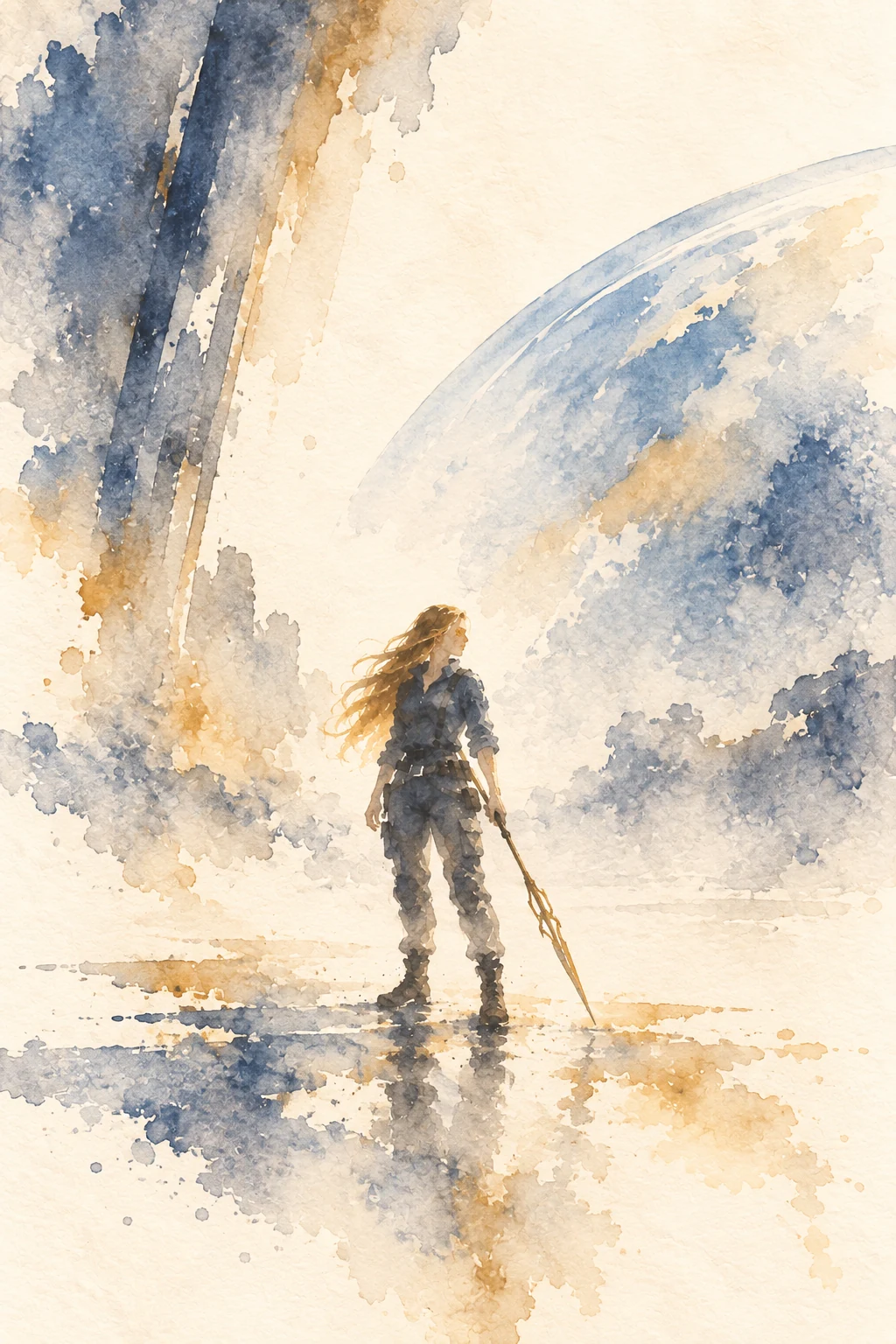 Watercolor of Jess with long gold hair and a slender spear beneath the pale curve of Tellus.