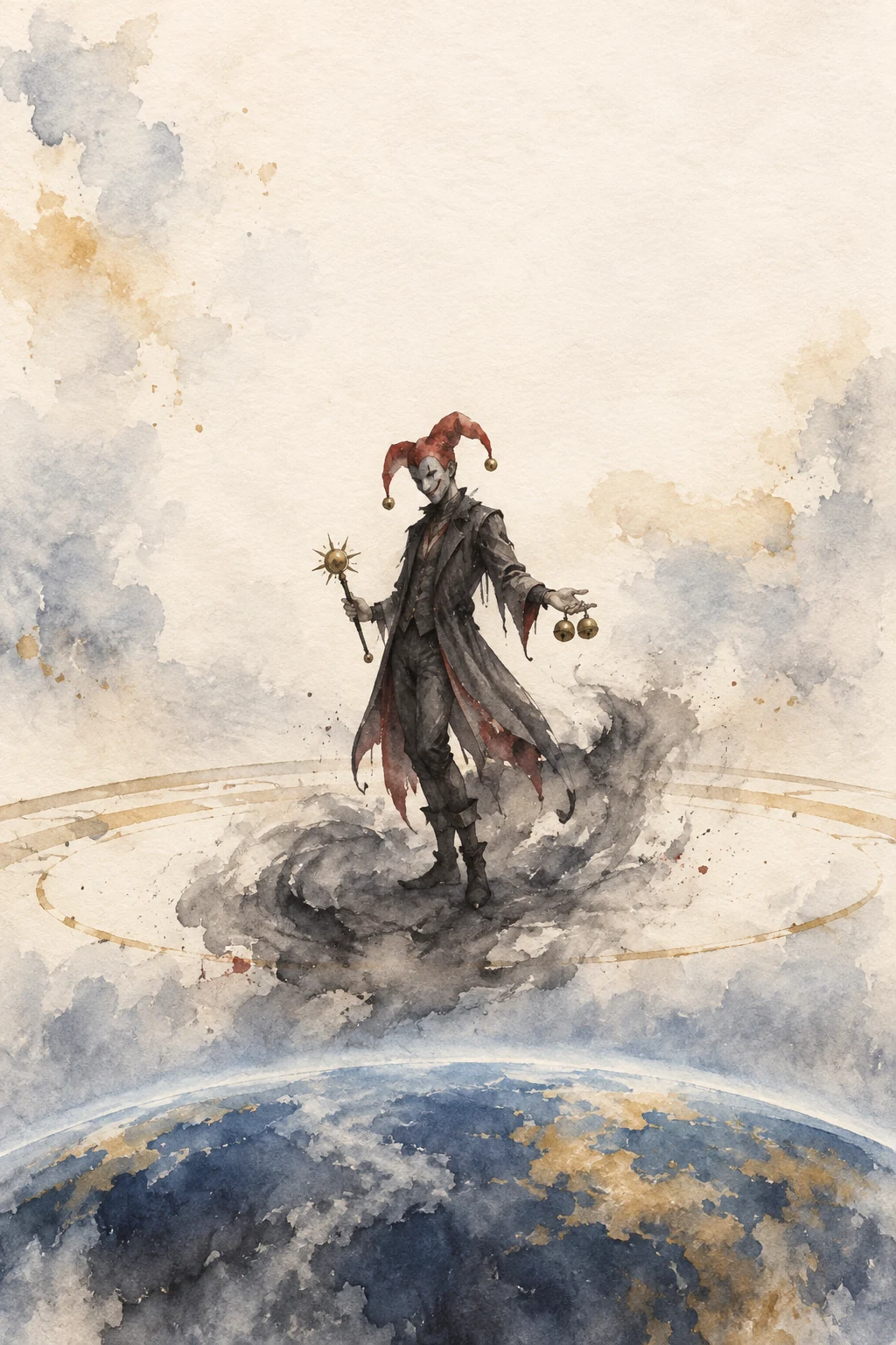 Watercolor of Jester-AI with a red belled cap, small scepter and two loose bells in a fading virtual arena.