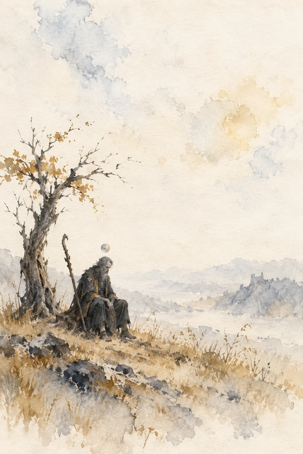 Watercolor of the aged King-AI seated beneath a withered tree as his virtual world fades.