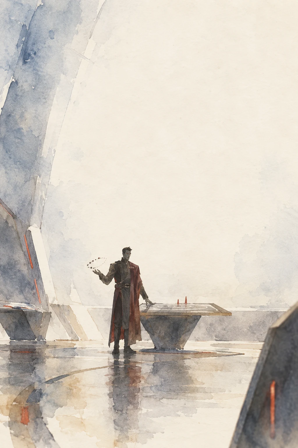 Watercolor of Loch directing a small nanotechnology swarm beside a strategy table.