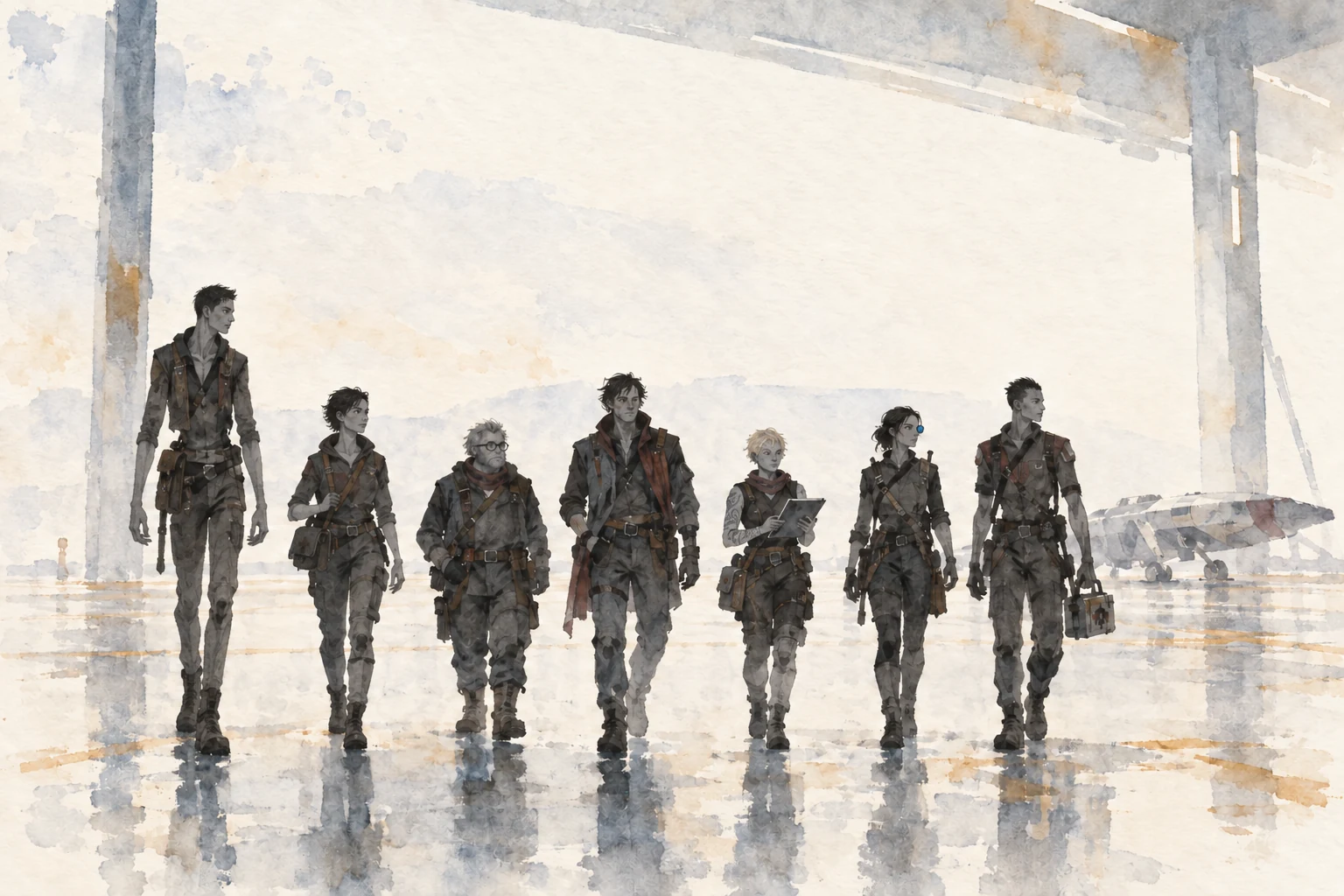 Watercolor of seven humanoid Roe ODET teammates walking together through a hangar