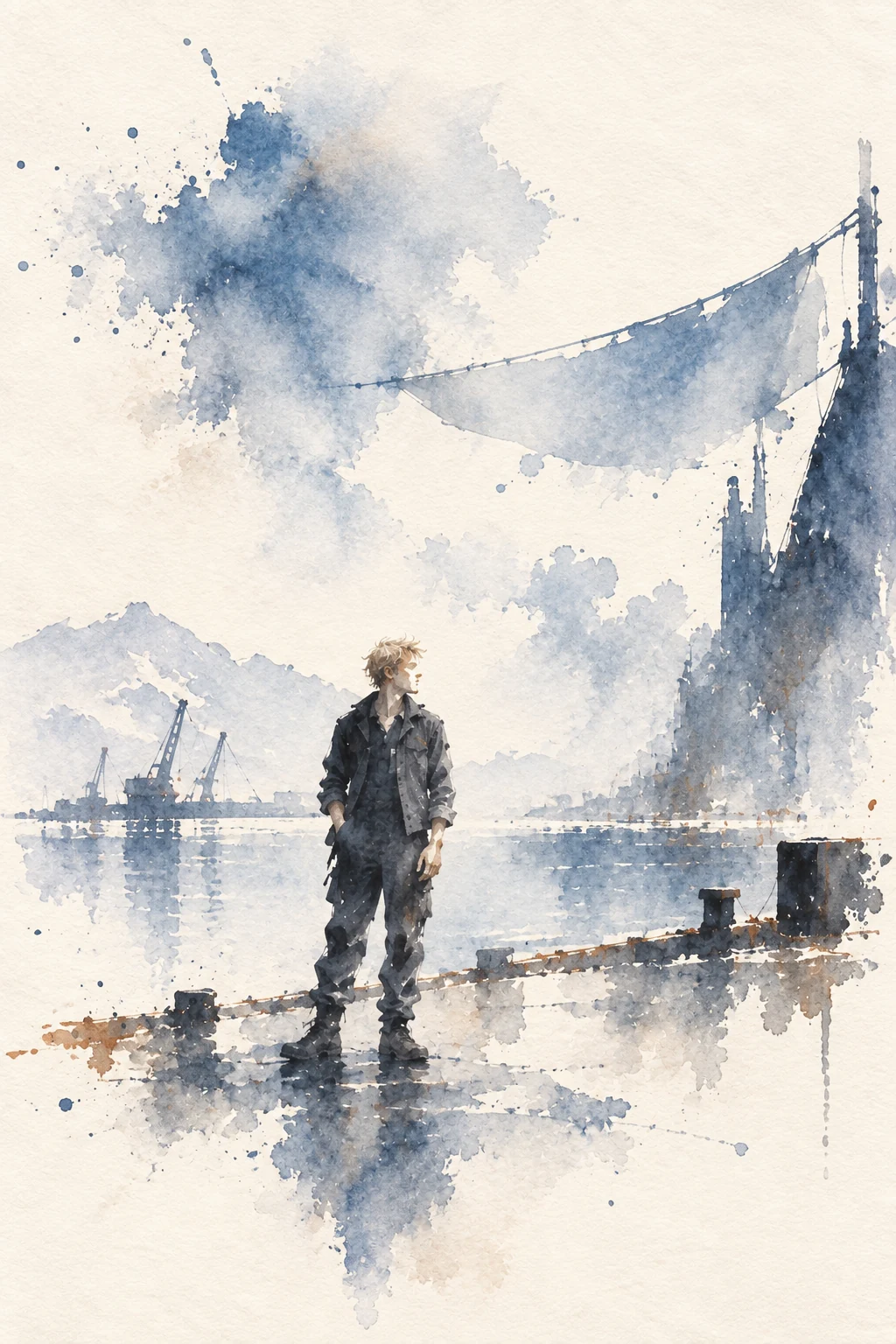 Watercolor of Sol standing beside the rebuilt Port of Glacier beneath pale blue solar cloth.