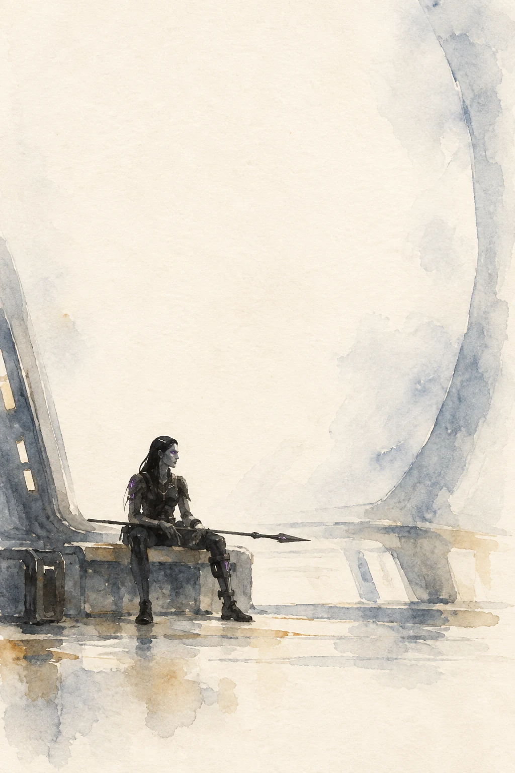 Watercolor of Zara seated with her black spear, long dark hair and violet nanotechnology.