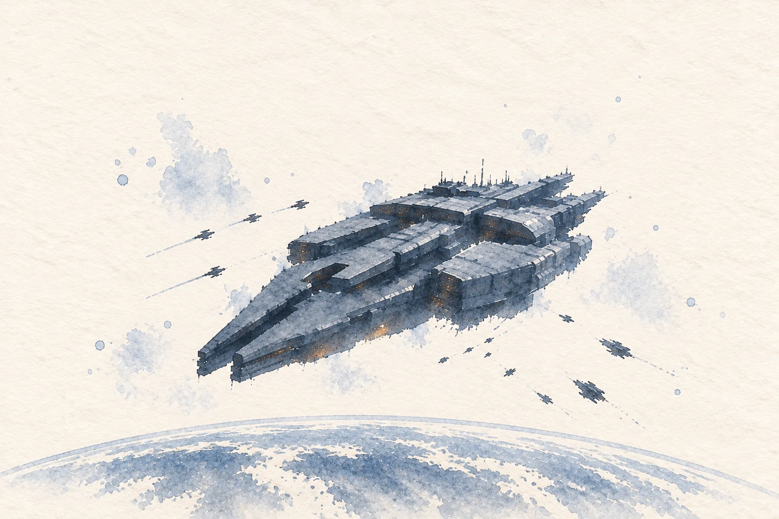 Watercolor of the vast Grand Roe dreadnought Dark Siphon above Tellus