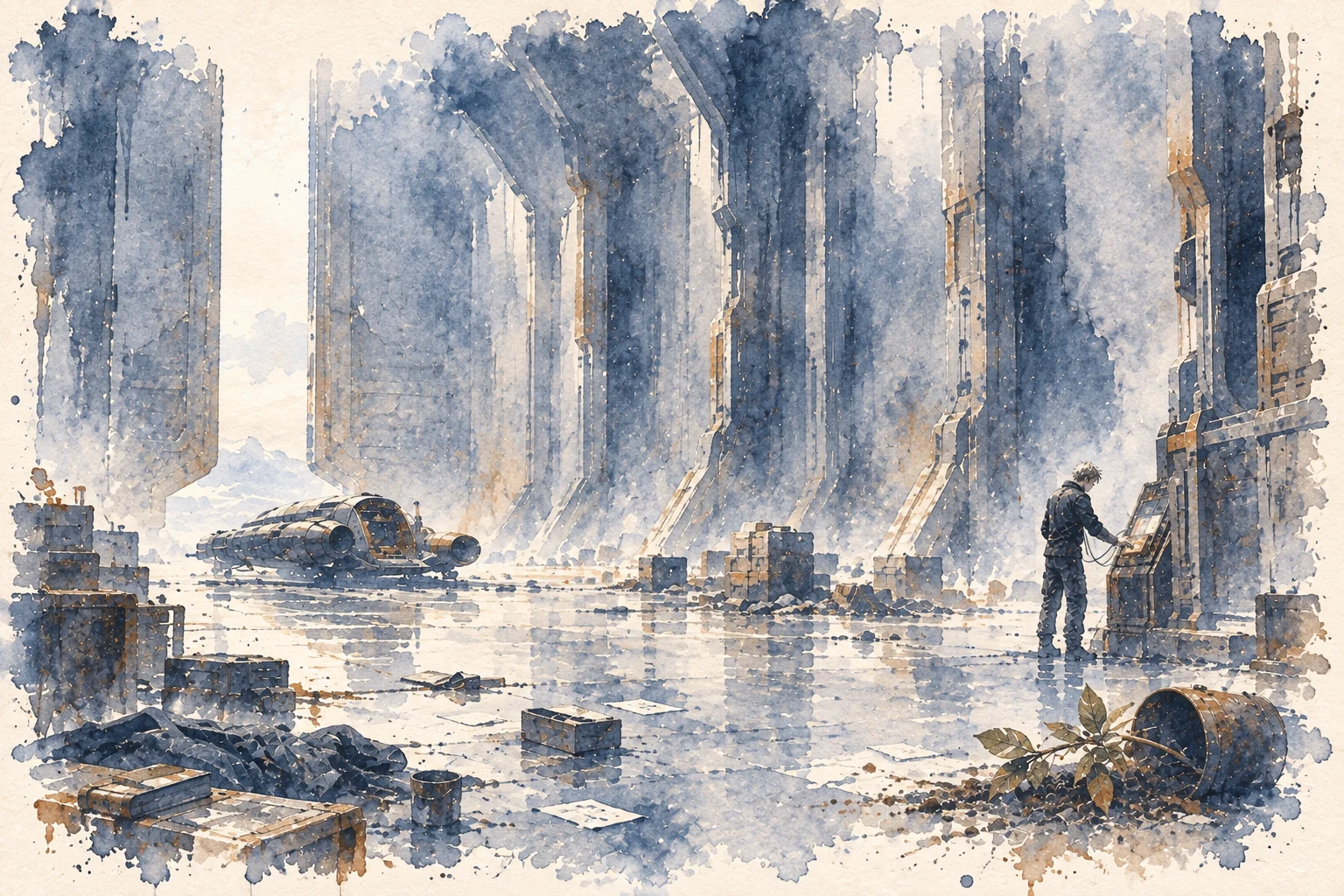 Watercolor of Sol alone at a console in King's immense evacuated hangar
