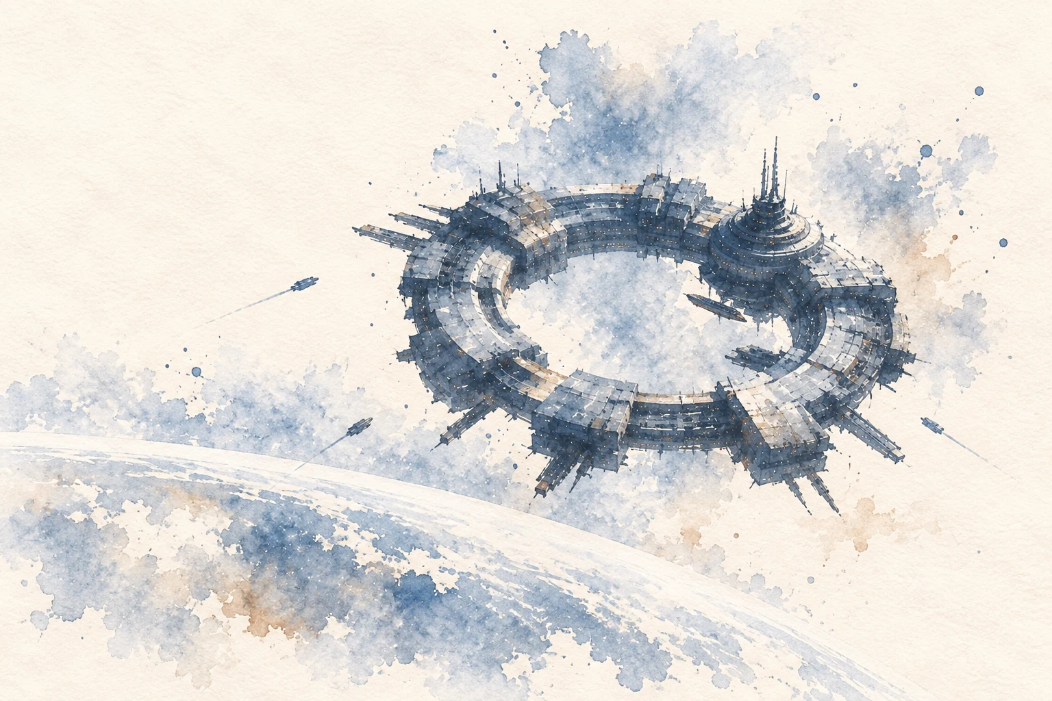 Watercolor of an immense Roe orbital transfer station above Tellus