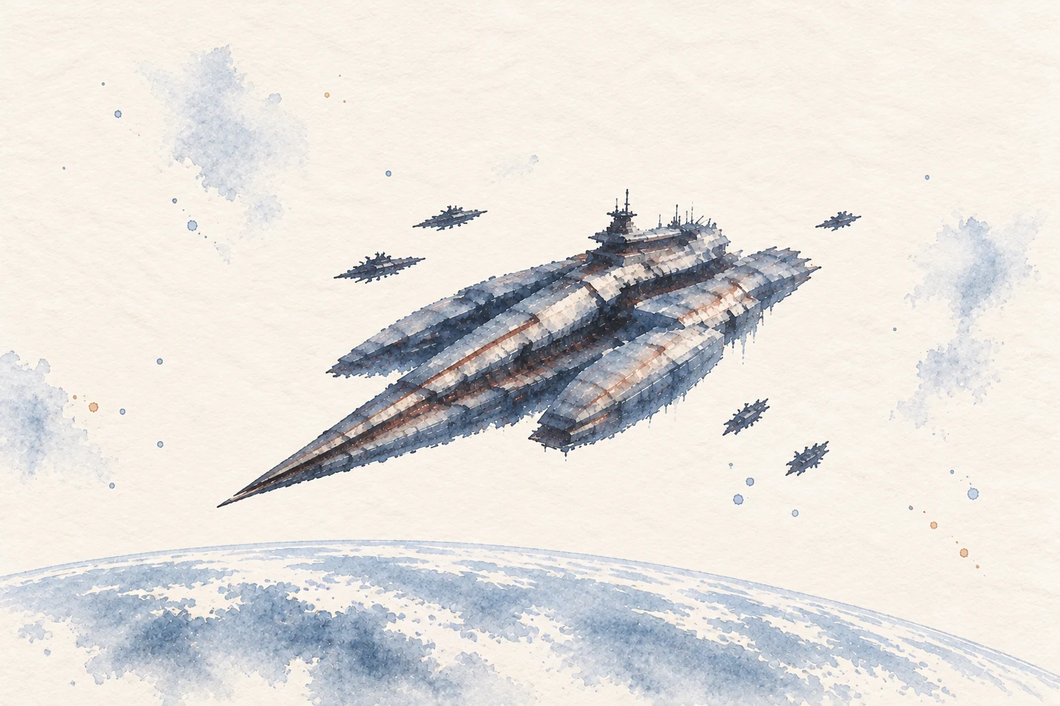 Watercolor of Soul Ripper and tiny Royal escorts above Tellus