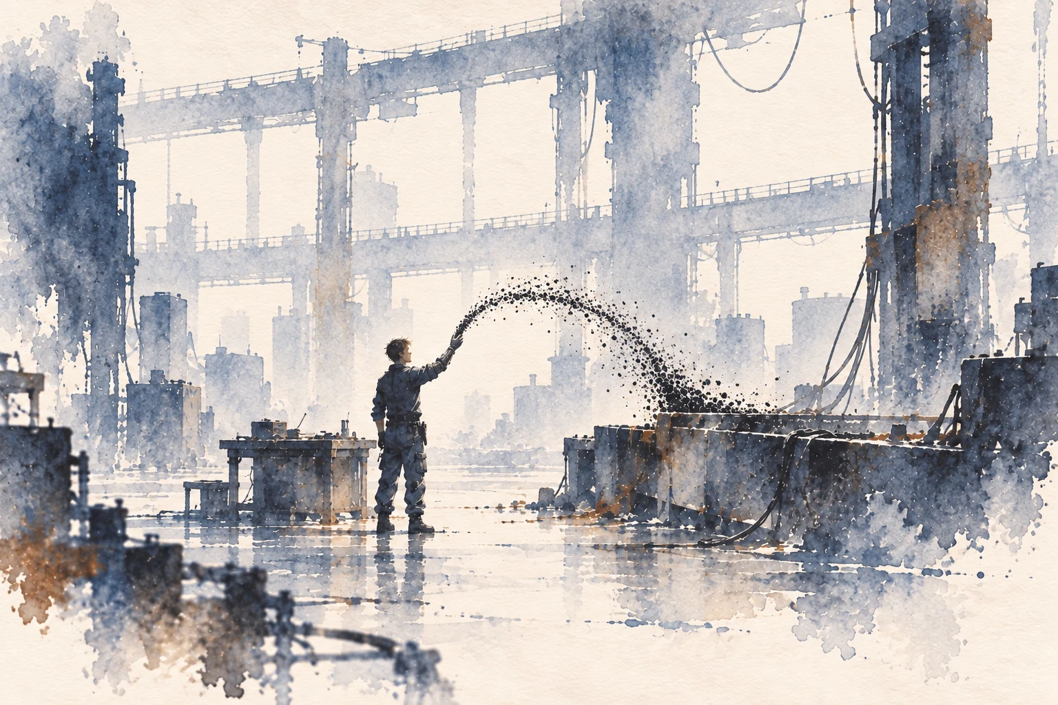 Watercolor of a worker guiding programmable matter into a protective gauntlet in a Tellus fabrication bay